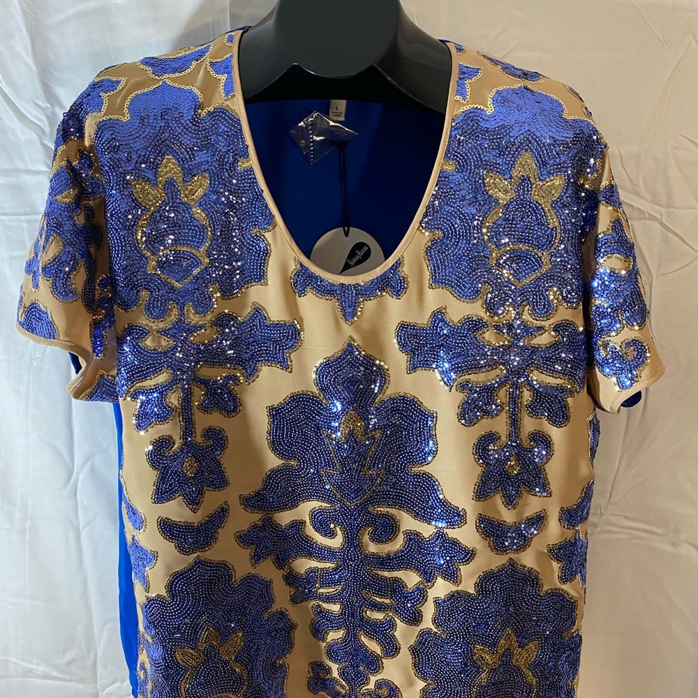 Bold Blue + Ecru Sequent Top from Neiman Marcus